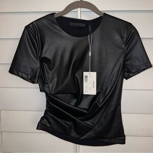 NWT Helmut Lang Revolve Faux Leather Twist Short Sleeve Top in Black Size Small